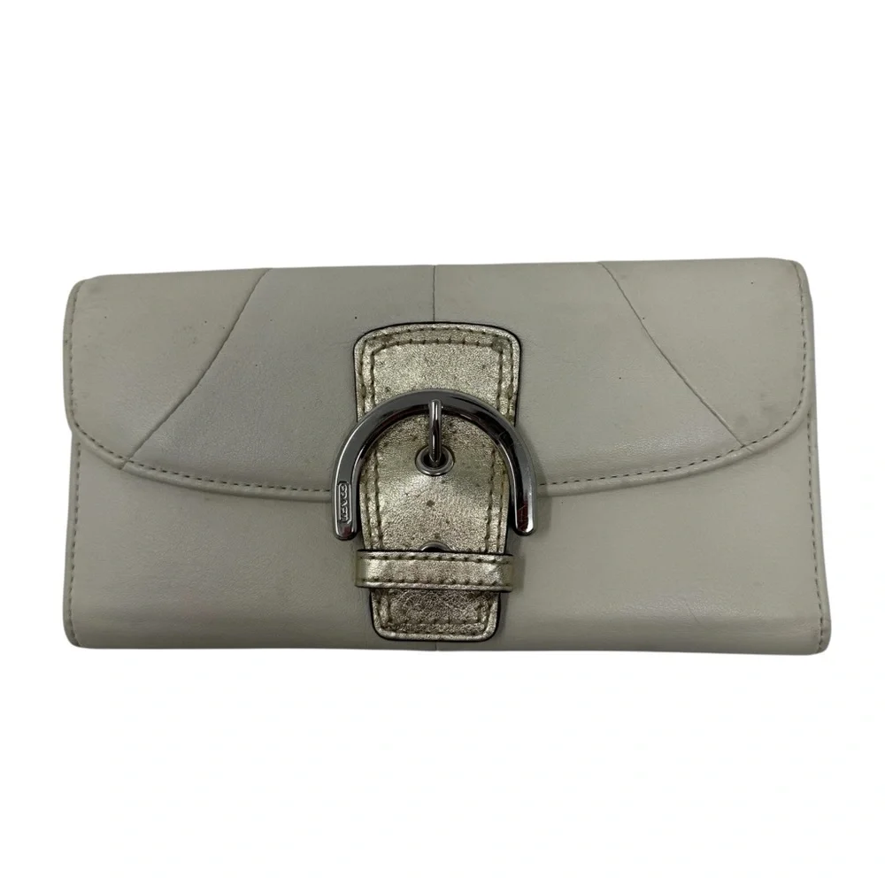 Coach Y2K Soho White with Gold Shimmer Leather Buckle Slim Envelope Wallet